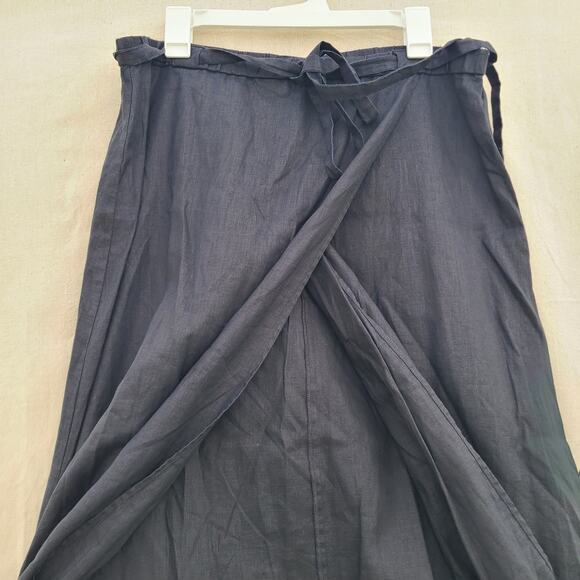 Eileen Fisher Organic Linen Black Midi Faux Wrap Skirt Stretch Waist Tie Size M - Picture 3 of 9